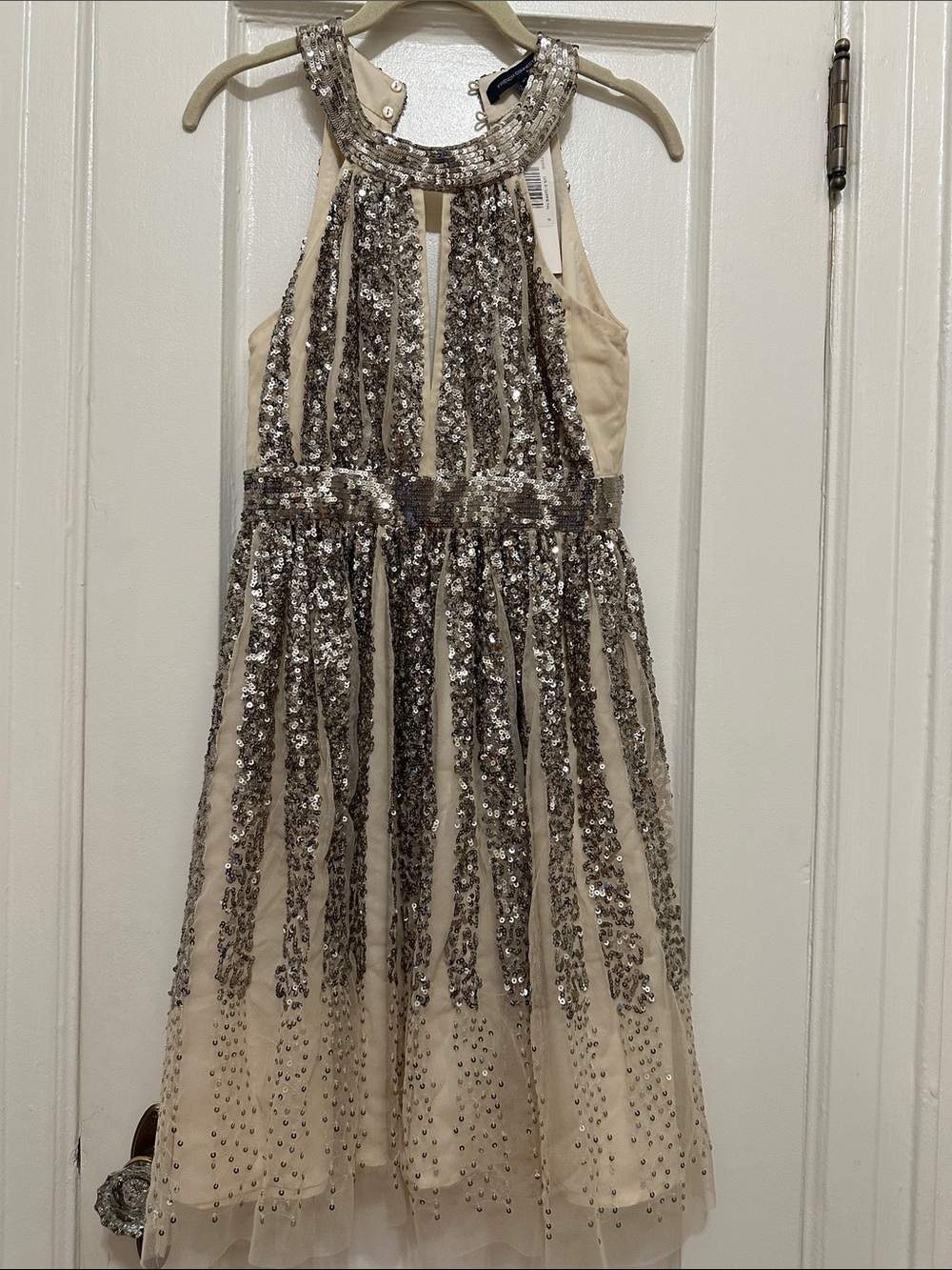 French Connection Champagne Sequin Halter Cocktail Dress